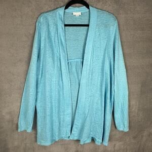 J Jill Love Linen Sweater Womens Large Petite Blue Cardigan Lightweight Resort